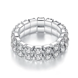 Anillo elástico de doble fila de diamantes de imitación con banda cuadrada plateada