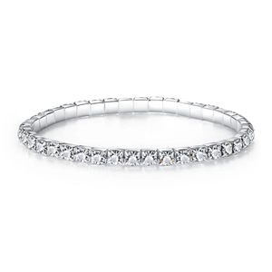 Close-up of elegant single-row square rhinestone elastic bracelet with silver finish