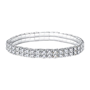 Detailed close-up of double-row silver tennis bracelet with sparkling square crystals
