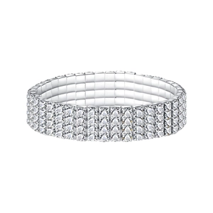 Detailed close-up of three-row elastic rhinestone bracelet with silver claw-set crystals