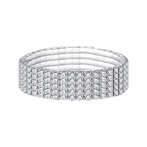 Detail view of silver elastic bracelet with four rows of sparkling rhinestones