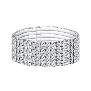 Detailed close-up of silver-tone elastic bracelet with multiple rows of sparkling rhinestones
