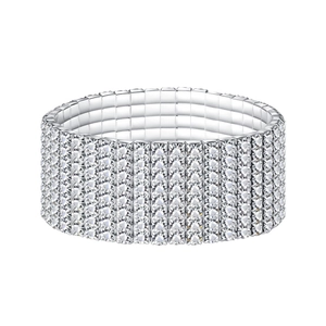 Elegant multi-row silver elastic rhinestone bracelet with seven rows of sparkling crystals