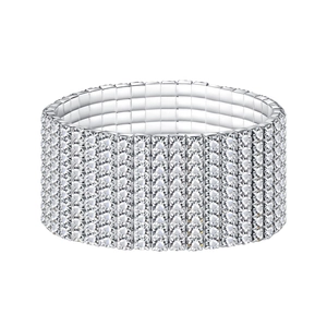 Detail view of multi-layer stretch rhinestone bracelet with silver-tone metal finish