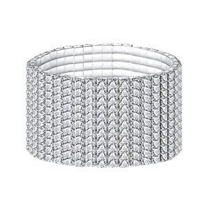 Macro detail of silver stretch bracelet featuring nine rows of sparkling rhinestones