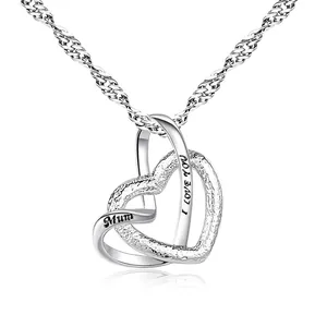 Fashion Frosted Heart Pendant Necklace Copper Alloy Mum I Love You Engraved Clavicle Chain Jewelry For Women Mother Gift