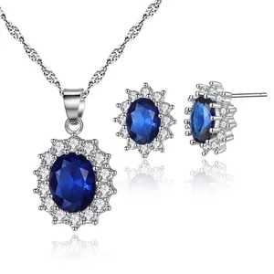 Luxury Copper Zirconia Oval Blue Gemstone Halo Pendant Necklace Earring Elegant Women Fashion Jewelry For Wedding Party Gift