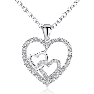 Elegant silver heart necklace with interlocking zircon pendants and polished link chain