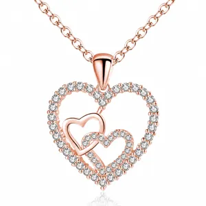 Lightweight Luxury Copper Heart Zirconia Pendant Necklace For Women Elegant Pave Heart Heart-To-Heart O-Chain Neck Jewelry Gift
