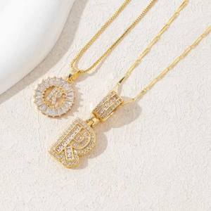 Gold letter R pendant necklaces with square cubic zirconia in two stylish designs