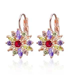 Vintage Luxueux Boucles d'Oreilles Dormeuses en Cuivre Zirconia Multicolore Pour Femme Or Rose Électroplaqué Bijoux Floraux