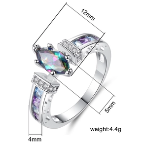 Silver ring with marquise cut rainbow stone and purple blue cubic zirconia accents