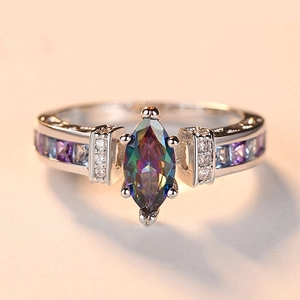 Fashionable silver ring with marquise-cut rainbow zircon and multi-color gradient gemstones