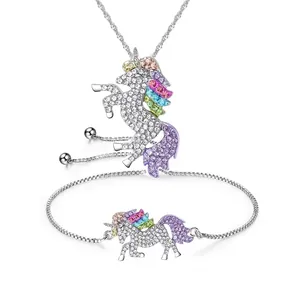 Ensemble de Bijoux Licorne en Alliage Strass Coloré pour Femmes Filles Collier Pendentif Animal Mignon et Bracelet Réglable