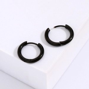 Minimalist black stainless steel round hoop earrings for men and women in sleek black finish