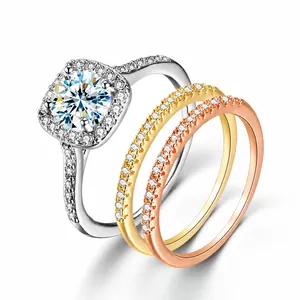 Set di Anelli in Rame con Zirconia per Donna Geometrici Halo Anelli Sovrapponibili Eleganti Placcati Oro Argento Oro Rosa Gioielli