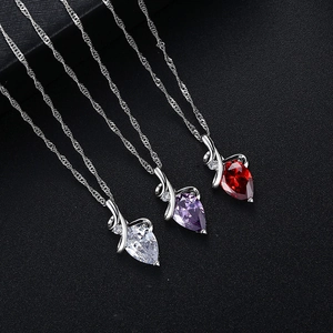 Waterdrop pendant necklaces with pear-cut crystals in white, purple and red teardrop shapes