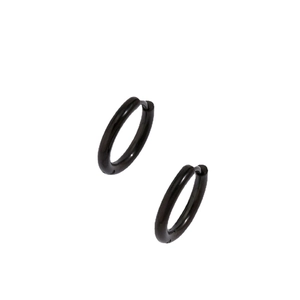 Minimalist black stainless steel hoop earrings with polished finish and sleek round design