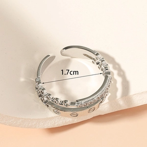 Silver double layer ring with screw patterns and micro pave zircons 1.7cm inner diameter
