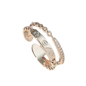Elegant double-layered rainbow ring with paved cubic zirconia in rose gold and silver finish