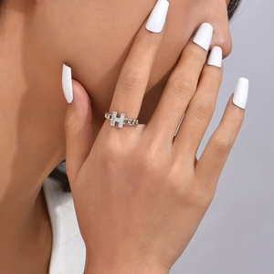 Silver H-letter adjustable open ring with sparkling zircon inlays and Cuban chain band