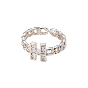 Silver cuban chain open ring with H initial pendant featuring micro zircon pave setting