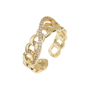 Anello a catena cubana dorata regolabile con zirconi a forma d'onda elegante