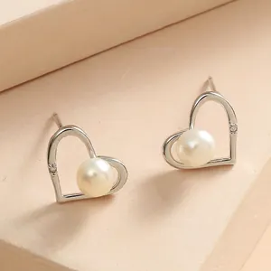 Elegant Copper Heart Artificial Pearl Stud Earrings With Zircon Accent Dainty Korean Style Jewelry For Women Romantic Wedding Gift