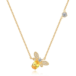 Élégant collier pendentif abeille dorée avec zircon ovale jaune et pierres blanches brillantes