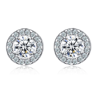 Detailed macro view of a classic round halo stud earring with brilliant zircon inlay