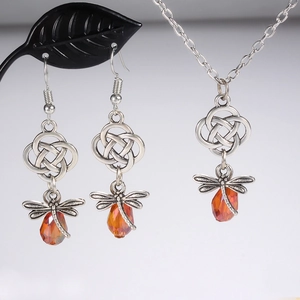 Vintage Silber Libelle Schmuckset mit bernsteinfarbenem Kristall und keltischem Knoten