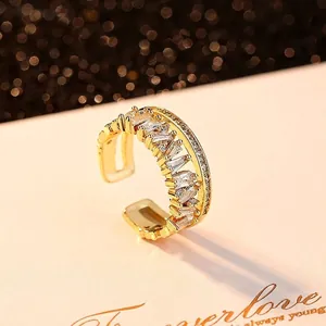 Luxus Kupfer Zirkonia Doppelschicht Verstellbarer Ring Für Damen Mode Gold Farbe Geometrie Strass Eingelegter Schmuck