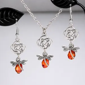 Vintage Kupfer Libelle Halskette Und Ohrringe Schmuckset Mit Keltischem Knoten Bernstein Zirkonia Für Damen Schmuck Geschenk