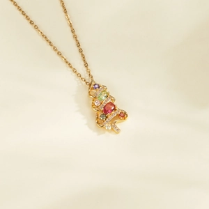 Golden Christmas tree pendant necklace with colorful zircon stones on dainty chain