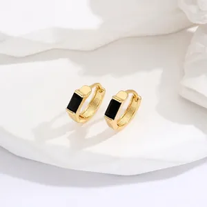 Minimalist Copper Square Black Rhinestone Huggie Hoop Earrings For Women Gold Plated Geometric Fashion Jewelry Accessory Gift