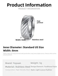 Detailed view of 8mm men's titanium steel wedding band with diagonal textured grooves