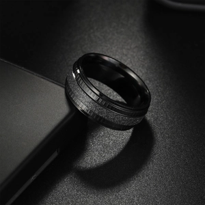 Classic black brushed stainless steel wedding band for men with grooved edges