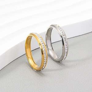 Narrow 3mm stainless steel rings with sparkling crystals in gold and silver finish