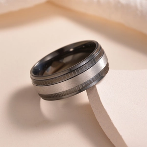 Men's two-tone titanium steel gear ring with black inner band and brushed silver finish