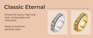 Detail of premium stainless steel spinner rings with Just Breathe engraving and matte finish