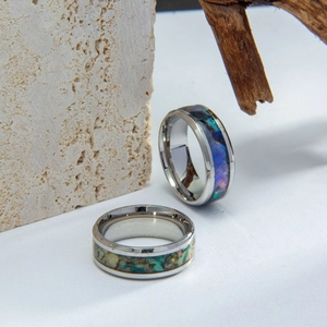 Stainless Steel Ring With Abalone Shell Inlay 8mm Width Band Ring For Men Women Unisex Casual Fashion Finger Jewelry Gift