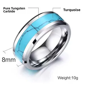 Macro detail of 8mm tungsten ring featuring turquoise inlay and polished metal texture