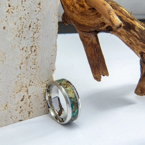 Polished titanium steel men's ring with colorful shell inlay and geometric cut edges