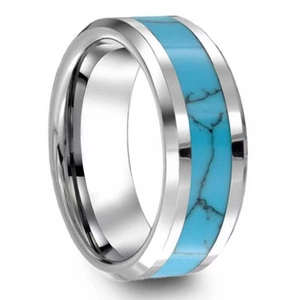 Macro detail of men's titanium steel ring with inlaid turquoise blue texture inlay