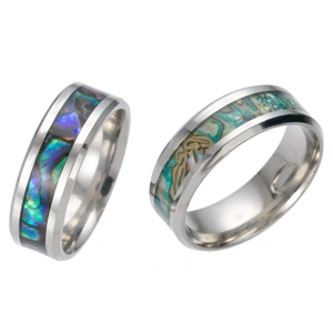 Men's titanium steel ring with colorful abalone shell inlay on silver band