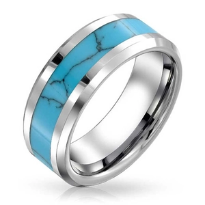 Polished titanium steel ring featuring turquoise inlay with unique black marble texture