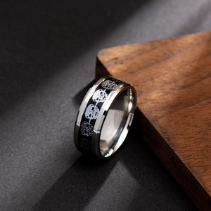 Macro shot of punk style stainless steel ring with black skull pattern inlay band