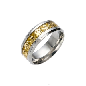 Bague punk en acier inoxydable avec bande à motif de crâne doré pour hommes et femmes