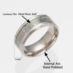 Luminous stainless steel 8mm ring with musical staff notes and glow-in-the-dark film