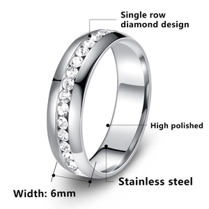 6mm minimalist stainless steel ring with single row diamond design and high polish finish
